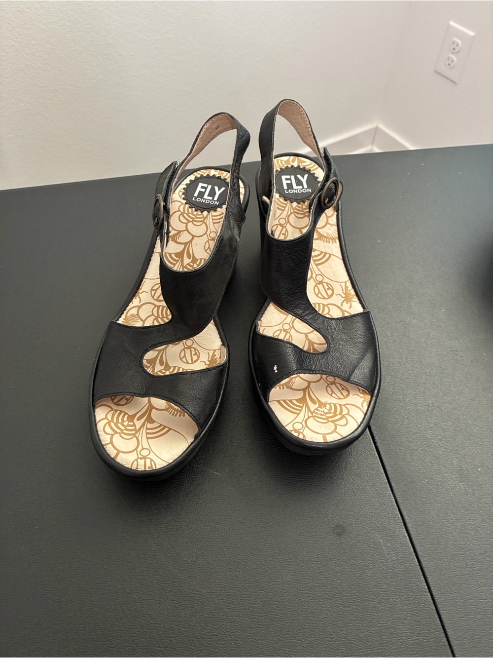 Fly London Yoxa Black Leathet Cutout Wedge Sandals